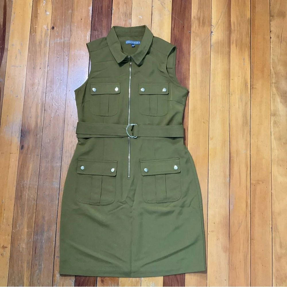 Sharagano Olive Green Size 10 Knee Length Sleeveless Dress - Picture 2 of 6